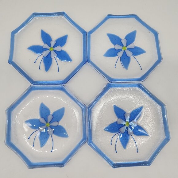 Fused Glass Plates Blue Flowers & Rim Octagon Shaped 8" Diameter Set of 4 VTG - Picture 1 of 10